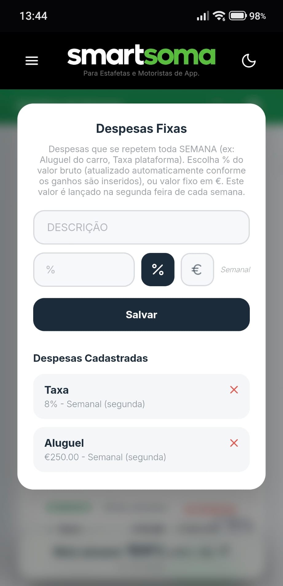 Ecrã de despesas fixas em modo claro